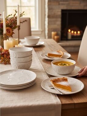 Hobby Lobby Embossed Ceramic Salad Plates/Bowls Set Cream/White Pumpkins 12 pc.